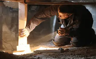 A professional inspecting wooden beams under the floor of a structure in Los Angeles, CA
